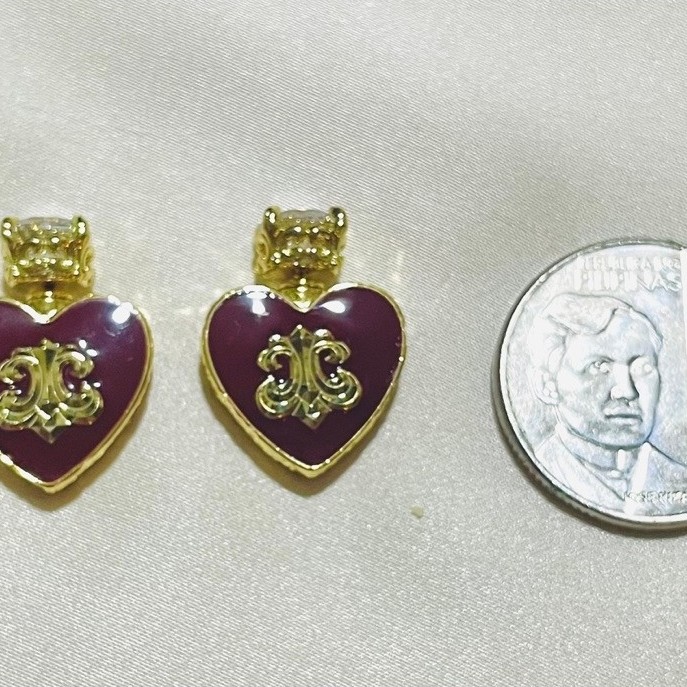 Crown-Topped Heart Enamel Stud Earrings Burgundy Red Enamel |Fleur-de-Lis Detail| w/ dia. product photo 3
