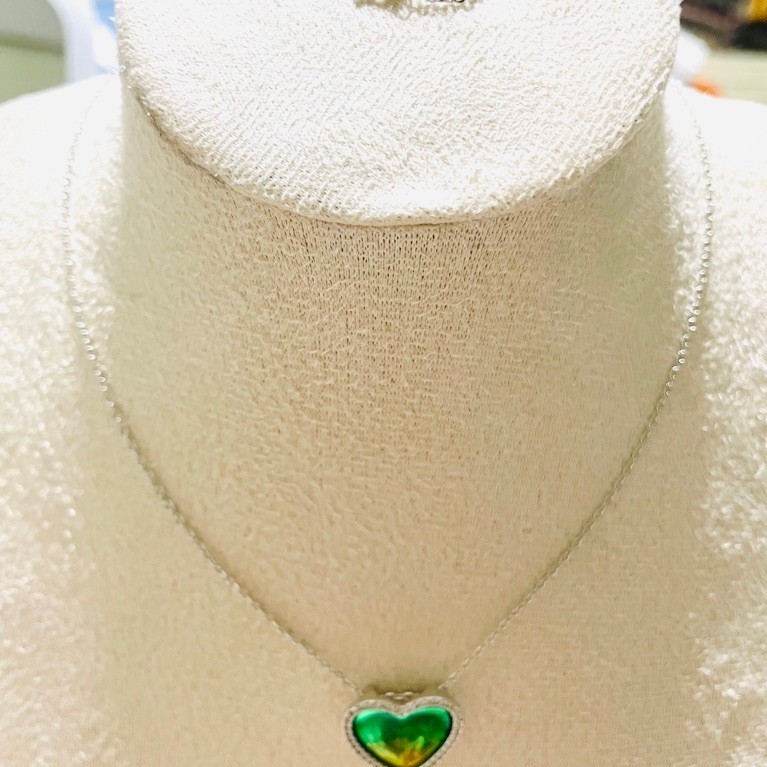 Green & Yellow Enamel Heart Pendant Necklace | Platinum Setting | Diamond Accent product photo 3