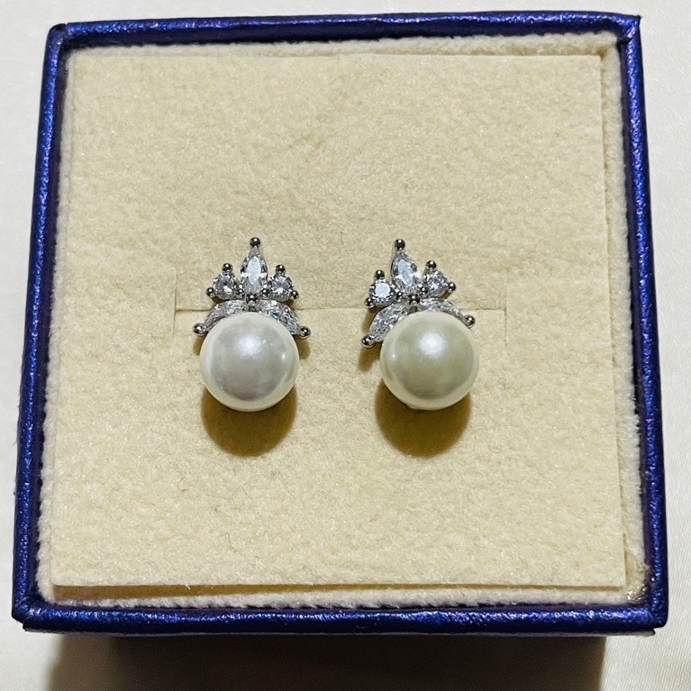 Freshwater Pearl Stud Earrings | Marquise Diamond Accent Cluster | Platinum Setting product photo 1