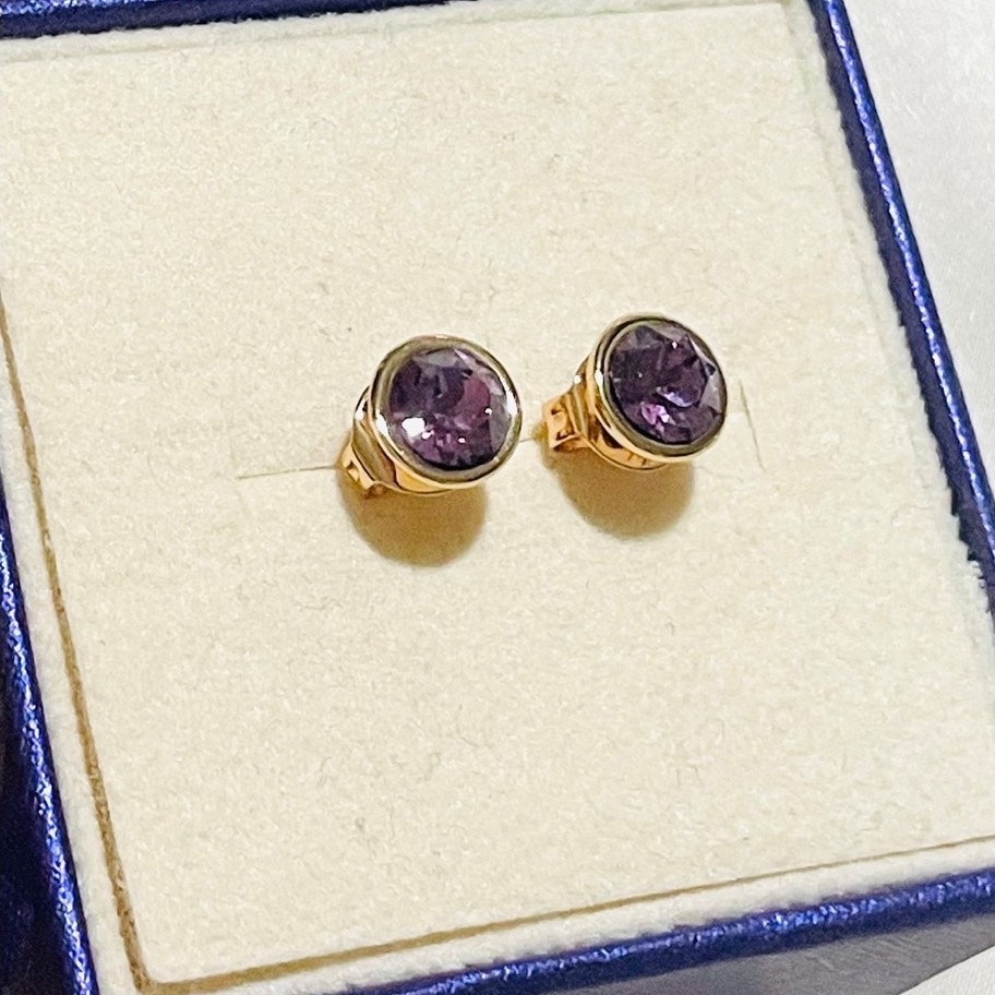 Amethyst Bezel Stud Earrings | Round-Cut Purple Stone | Champagne Gold Setting product photo 5
