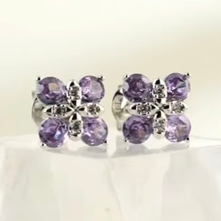 Amethyst Cluster Stud Earrings | Platinum Setting | Diamond Accents | Lab-Grown Amethyst product photo 4