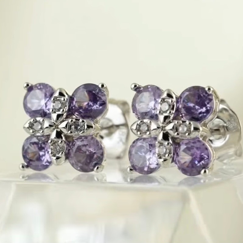 Amethyst Cluster Stud Earrings | Platinum Setting | Diamond Accents | Lab-Grown Amethyst