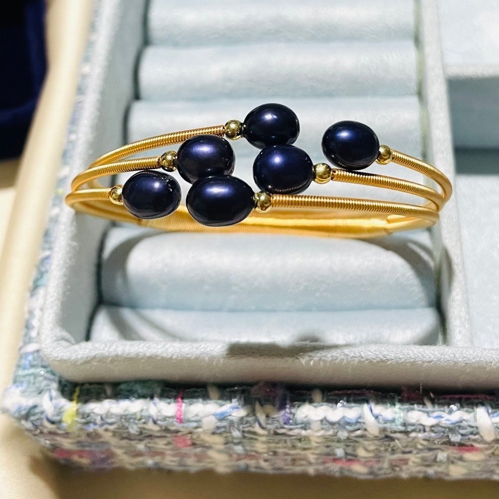 Purple Freshwater PearlWrap Bangle | 18K Gold Setting |Adjustable Open Cuff | Fits 16-19cm product photo 4