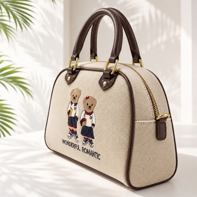 Women's Bowling/boston Style Handbag |Canvas & Leather| Cute Bear Embroidery |w/Long Sling Strap product photo 4
