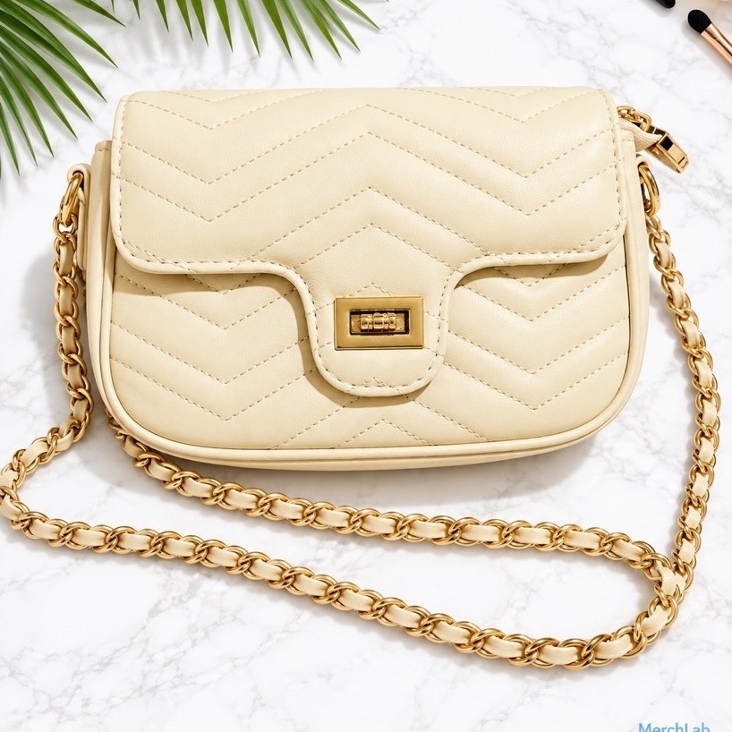 Women's Quilted PU Leather Crossbody Bag | Chain Strap Sling Bag | Light Cream | Gold Hardware product photo 3