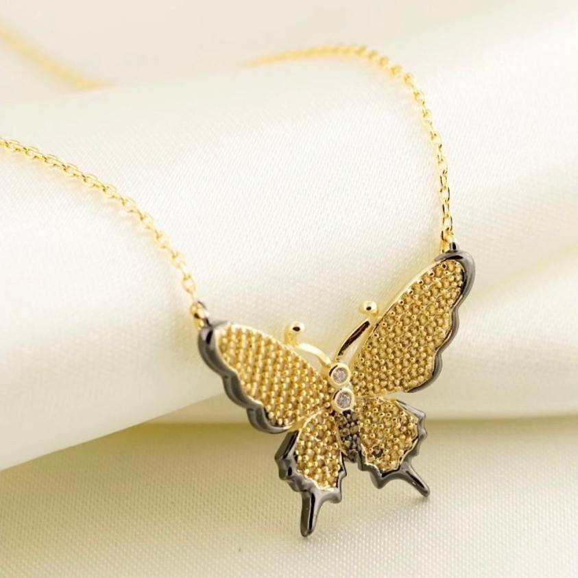 Yellow Butterfly Centered Necklace | 18K Yellow Gold Setting | Diamond Accent|Black Enamel product photo 1