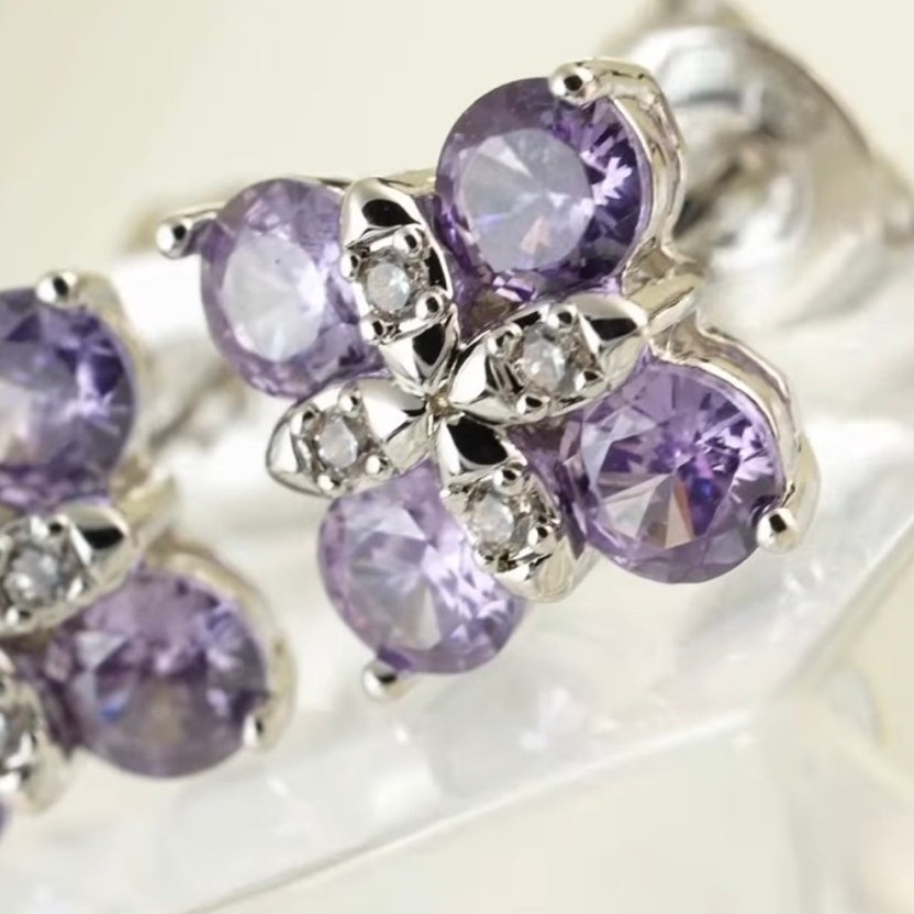 Amethyst Cluster Stud Earrings | Platinum Setting | Diamond Accents | Lab-Grown Amethyst product photo 3
