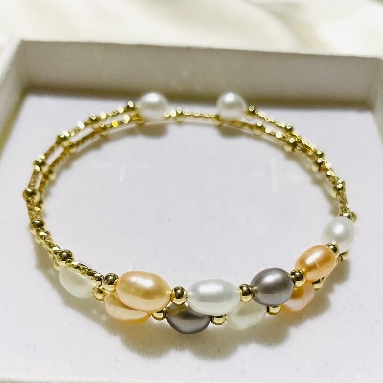 Freshwater Pearl Spiral Wrap Bracelet | Textured 18K YG Settings|Multi-Colored Pearls product photo 2