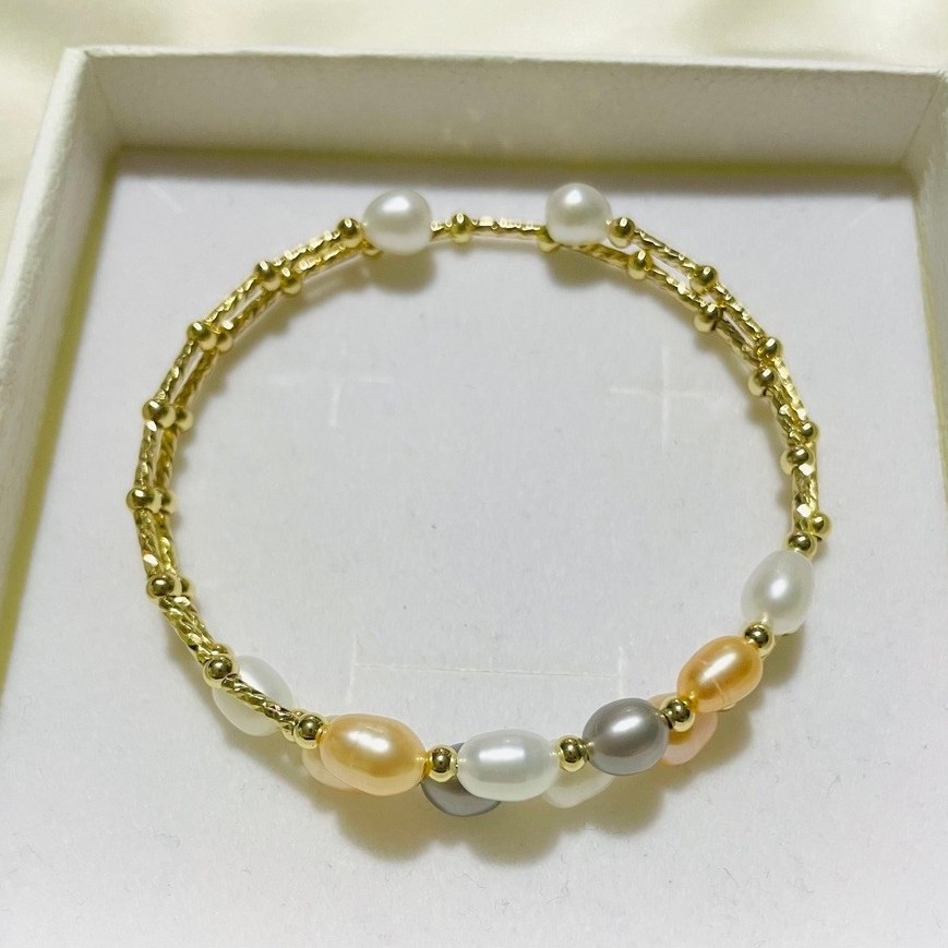 Freshwater Pearl Spiral Wrap Bracelet | Textured 18K YG Settings|Multi-Colored Pearls product photo 3