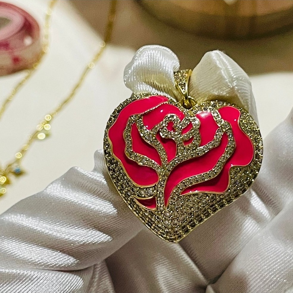 Rose Heart Pendant | Pavé Diamond Accent | Enamel Rose Design | 1.5” x 1.5” product photo 2