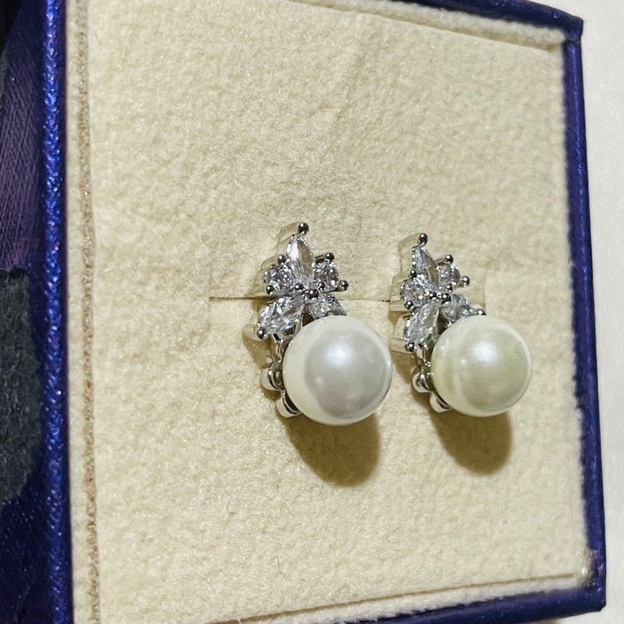 Freshwater Pearl Stud Earrings | Marquise Diamond Accent Cluster | Platinum Setting product photo 3
