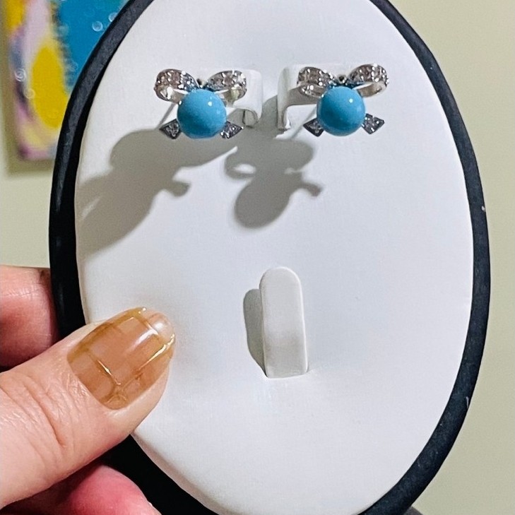 Turquoise Bow Stud Earrings | Pavé Diamond Ribbon Design | Platinum Setting product photo 5