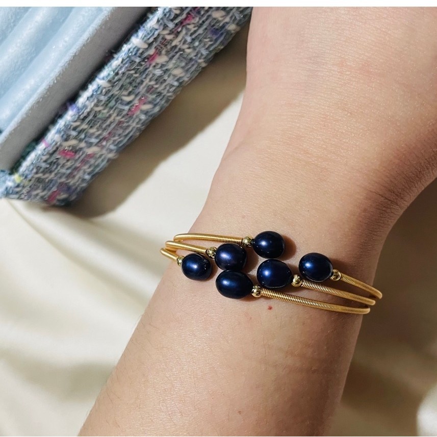 Purple Freshwater PearlWrap Bangle | 18K Gold Setting |Adjustable Open Cuff | Fits 16-19cm product photo 5
