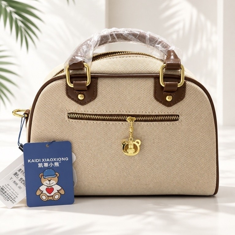 Women's Bowling/boston Style Handbag |Canvas & Leather| Cute Bear Embroidery |w/Long Sling Strap product photo 5