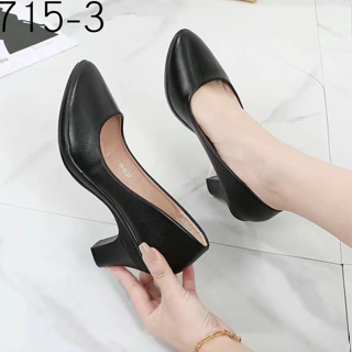 Women Pointed Toe Black Chunky Heel Shoes Korean Style Black School Office Work Block Heel Shoes