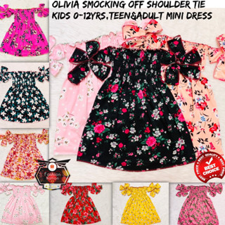 Olivia OOTD Smocking Off Shoulder Tie 0-10y/o Pambahay Dress for Kids Adult Mini Baby Girls Wear