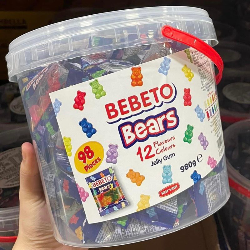BEBETO Mini Gummy Bears Jelly Bucket 980g (12 Flavors 98pcs), Halal
