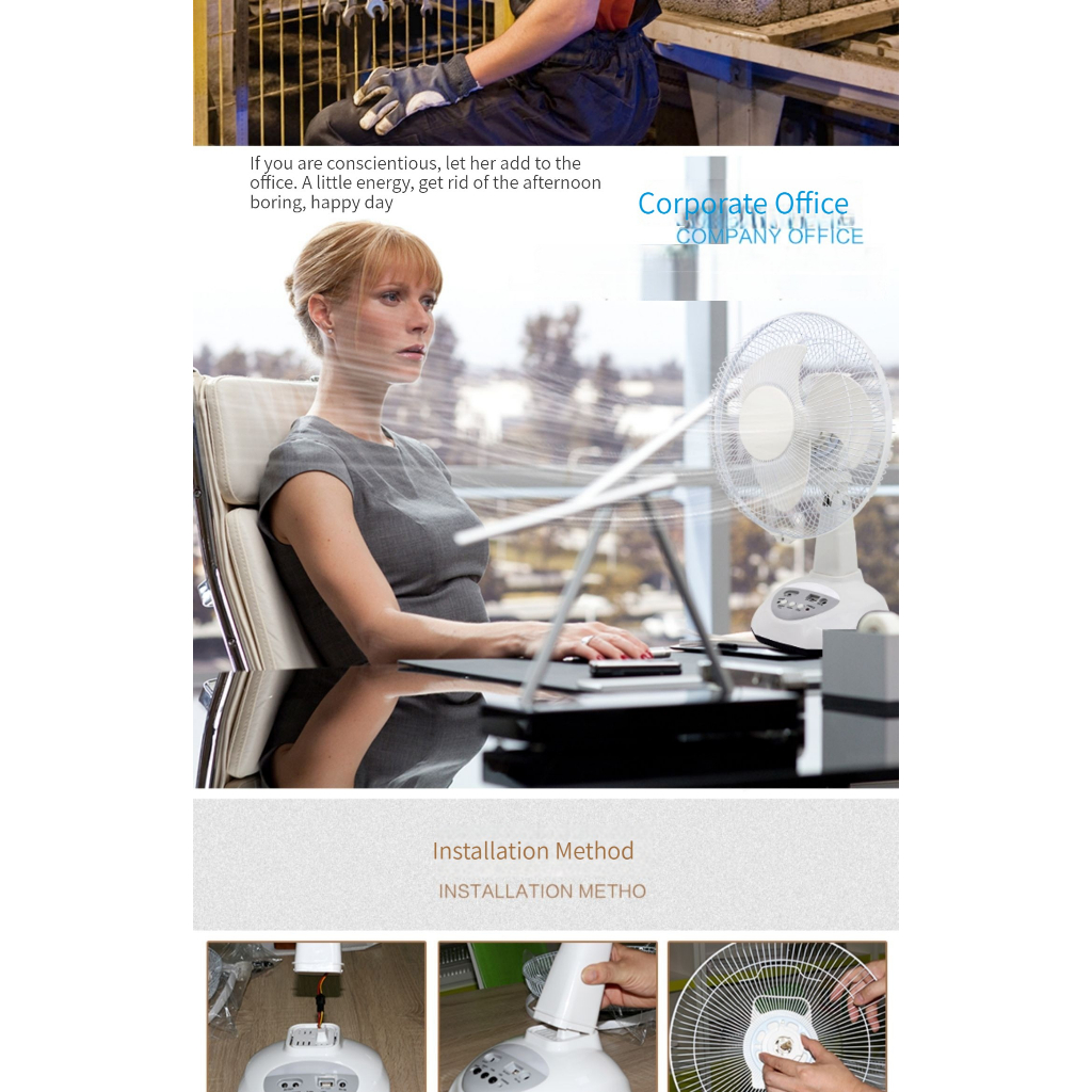 Solar fan 12-14-16 inch desktop fan (with two LED bulbs), outdoor camping home fan, solar charging dual-purpose fan, USB charging fan, high-power energy-saving fan, high endurance multifunctional electric fan Long standby silent air circulation machine - Image 5