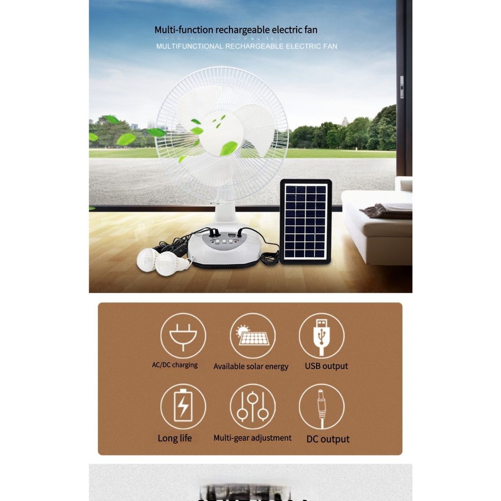 Solar fan 12-14-16 inch desktop fan (with two LED bulbs), outdoor camping home fan, solar charging dual-purpose fan, USB charging fan, high-power energy-saving fan, high endurance multifunctional electric fan Long standby silent air circulation machine - Image 2