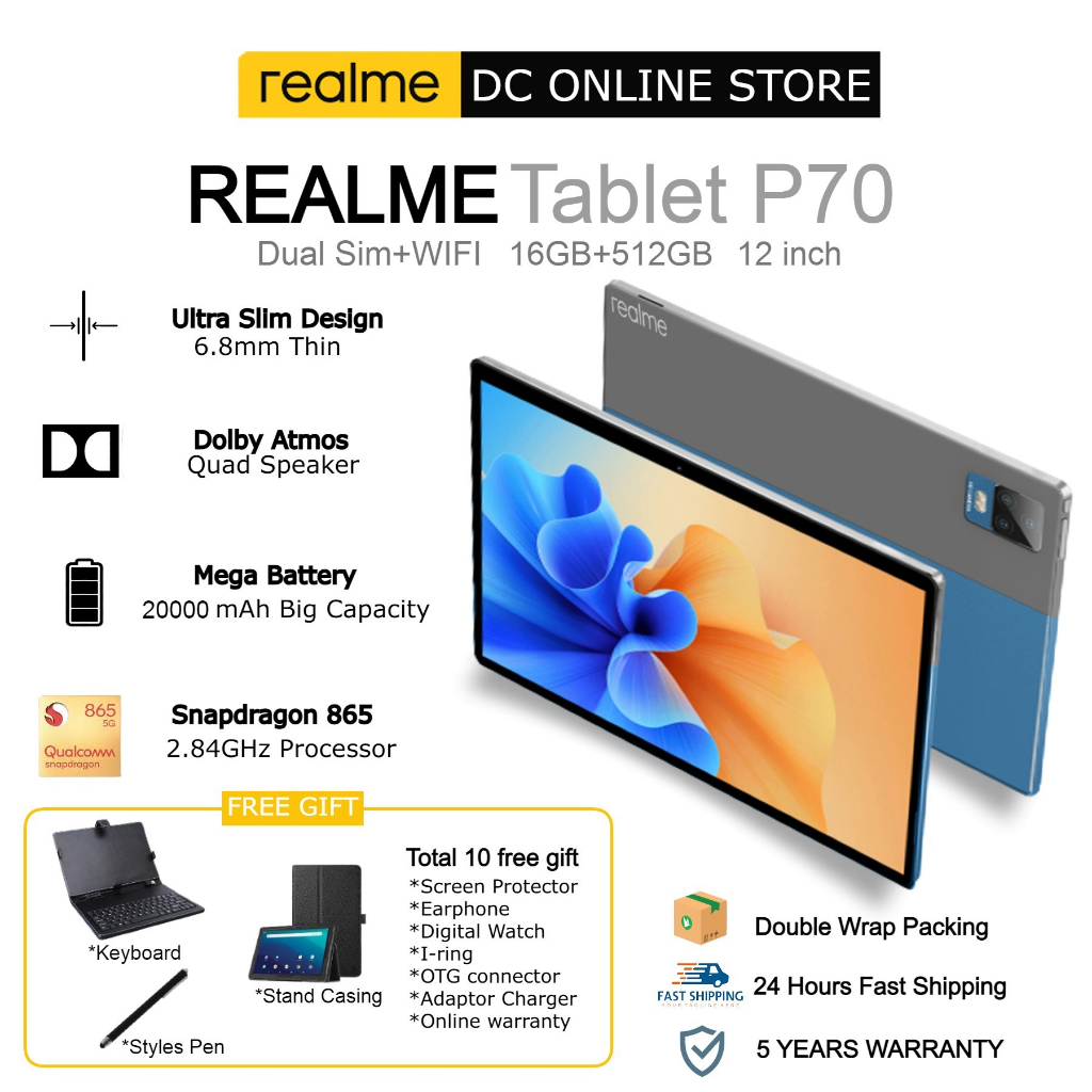 𝐑𝐞𝐚𝐥𝐦𝐞 Tablet P70 12 Inch 𝐀𝐧𝐝𝐫𝐨𝐢𝐝 𝟏𝟑.0 16GB RAM 512GB ROM Dual SIM 5G LTE WiFi 2.4/5G Android Tab