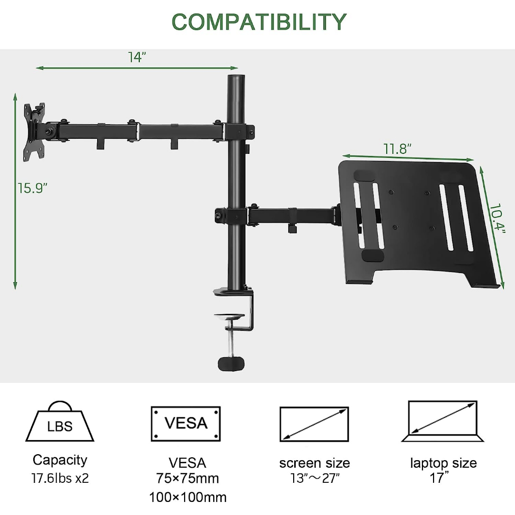 Inplay KMT-4 Monitor Stand With Laptop Tray Dual Arm Desk Mount Fully Adjustable Monitor Mount - Image 3