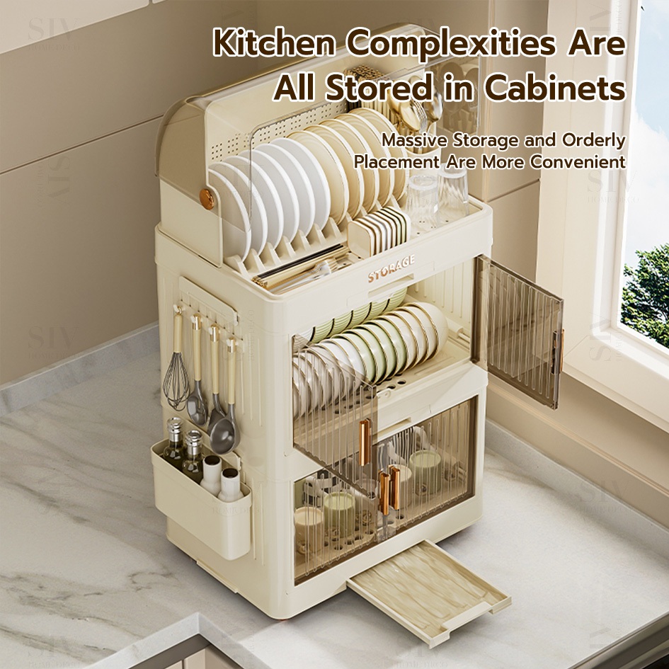 SIV Plastic Dish Cabinet Foldable Dish Drainer Drying Rack Aesthetic With Cover For Plates Bowls - Image 3