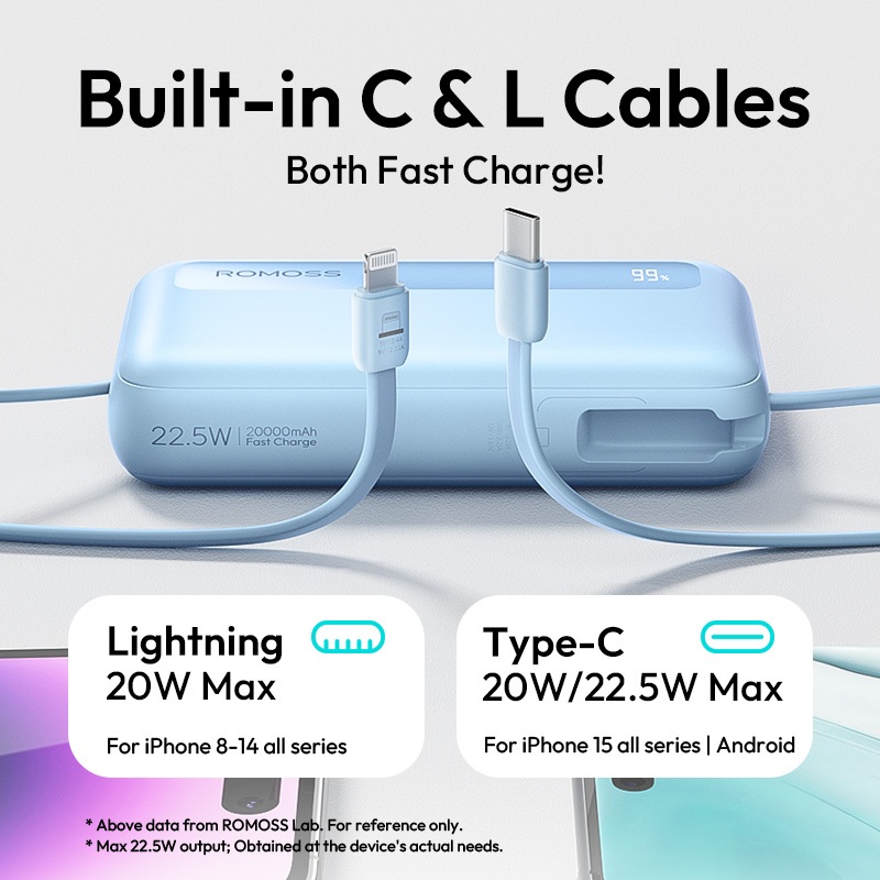 Romoss PPR20 20000mAh Super Fast Charging Built-in Cables Large Capacity UltraThin Compact Powerbank - Image 3