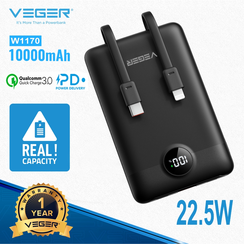 VEGER 10000mAh PD 22.5W Ultra Slim Compact Size Mini Small Fast Charger Power Banks with Cable Cords