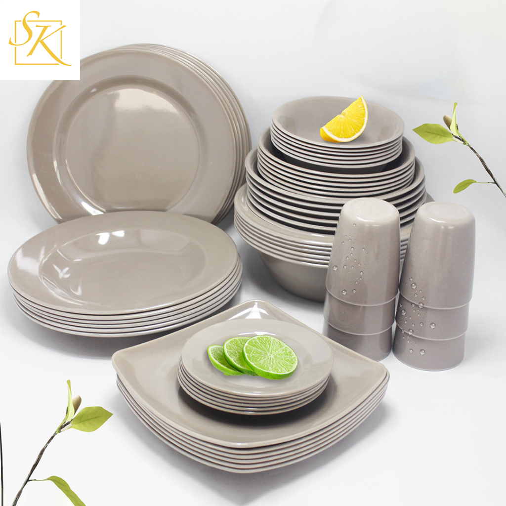 6pcs set Grey Melamine ware Chocolate plates bowls square plates saucer cups dinnerware (A-688 GREY)