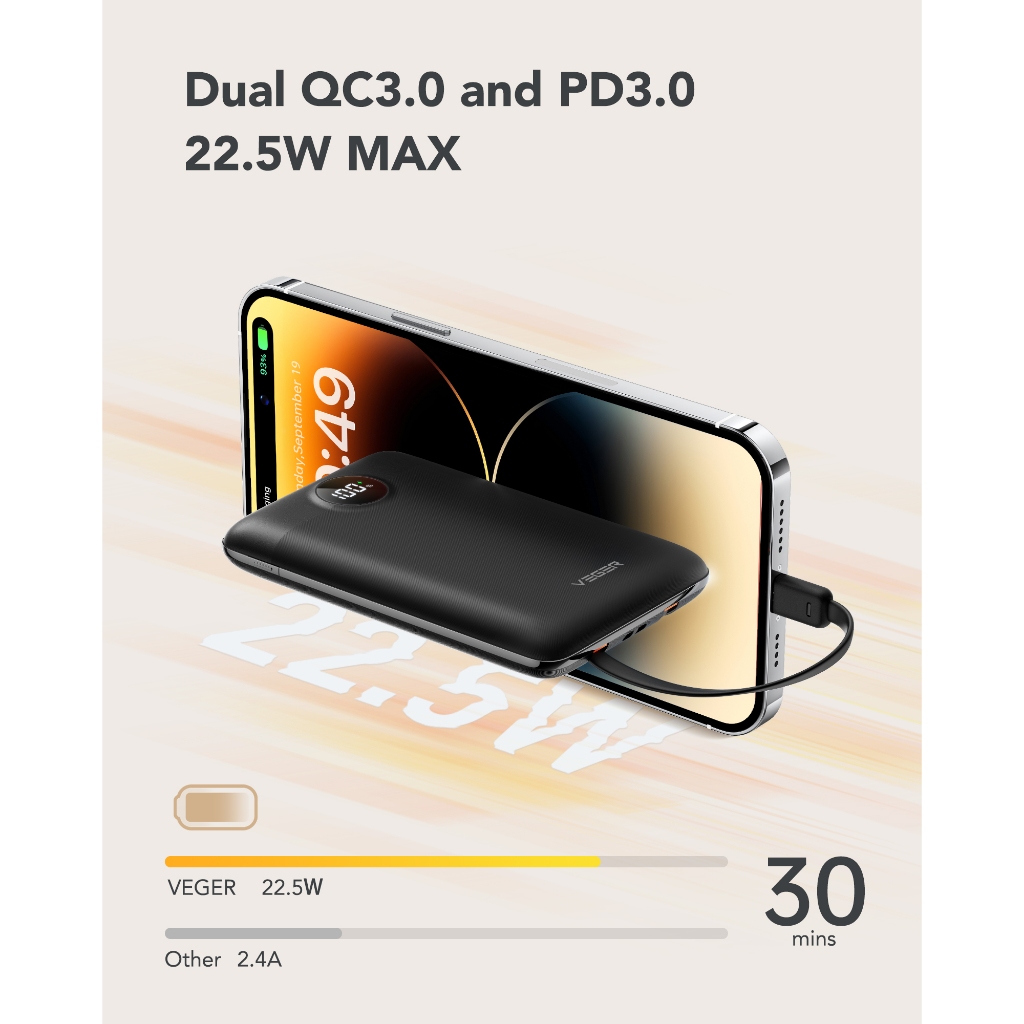 VEGER 10000mAh PD 22.5W Ultra Slim Compact Size Mini Small Fast Charger Power Banks with Cable Cords - Image 3