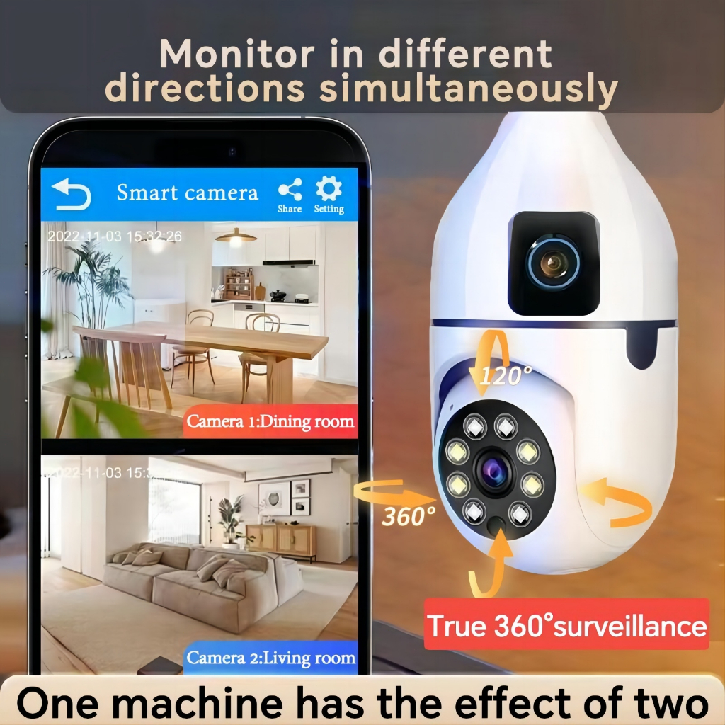Bulb Dual Lens CCTV Camera 8MP+8MP V380 NO Wifi Needed Auto Tracking Night Vision Connect to Cellpho - Image 2