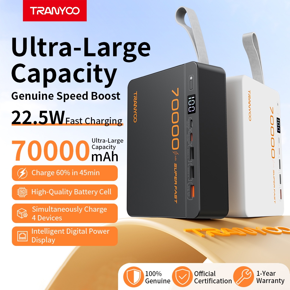 Tranyoo F17 70000mAh 22.5W Powerbank Original Super Fast Charging 2 Input 4 Output High Capacity
