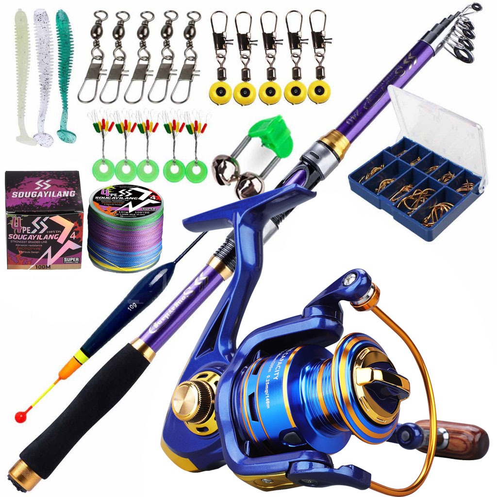 Full Set Spinning Fishing Rod and Reel Telescopic Carbon 1.8/2.7m Aluminum Spool with Line Lure