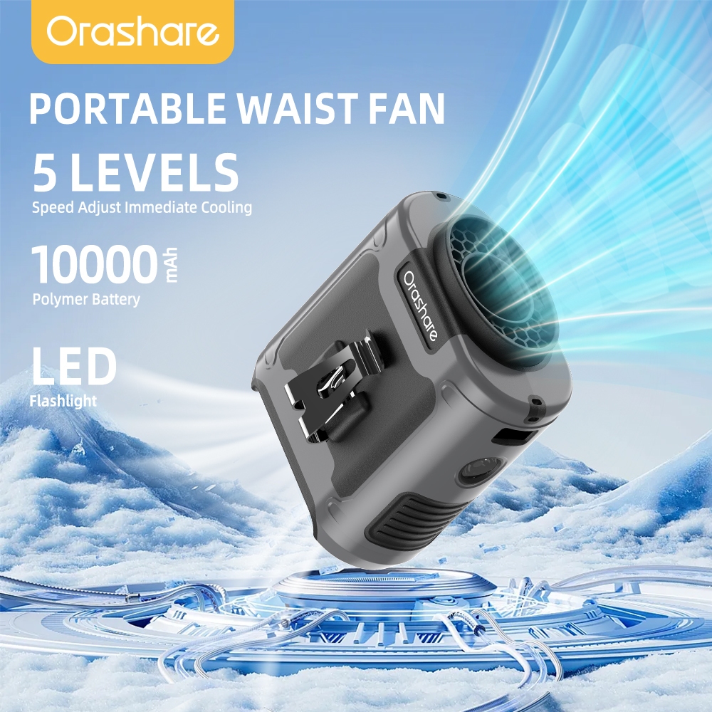 Orashare K50 10000mAh Portable Waist Cooling Fan 3 in 1 Outdoor Fan With Light 5 Speed Wind Clip Fan
