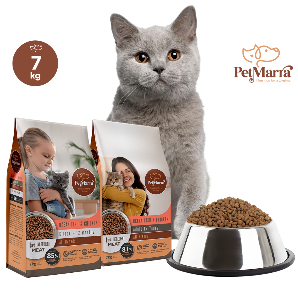PetMarra Kitten and Adult Cat Dry Food Oceanfish Chicken Liver Beef Milk Flavor 7kg Collection