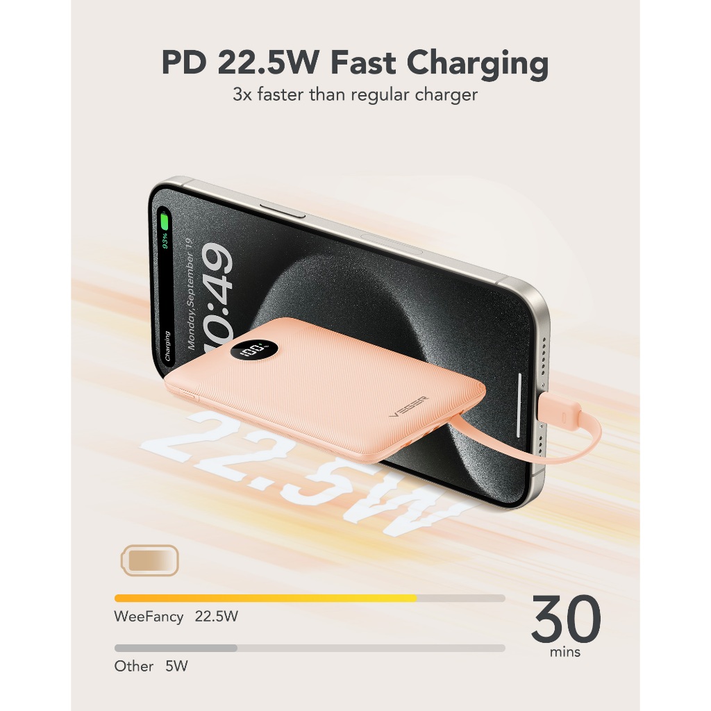 VEGER 10000mAh PD 22.5W Ultra Slim Compact Size Mini Small Fast Charger Power Banks with Cable Cords - Image 6