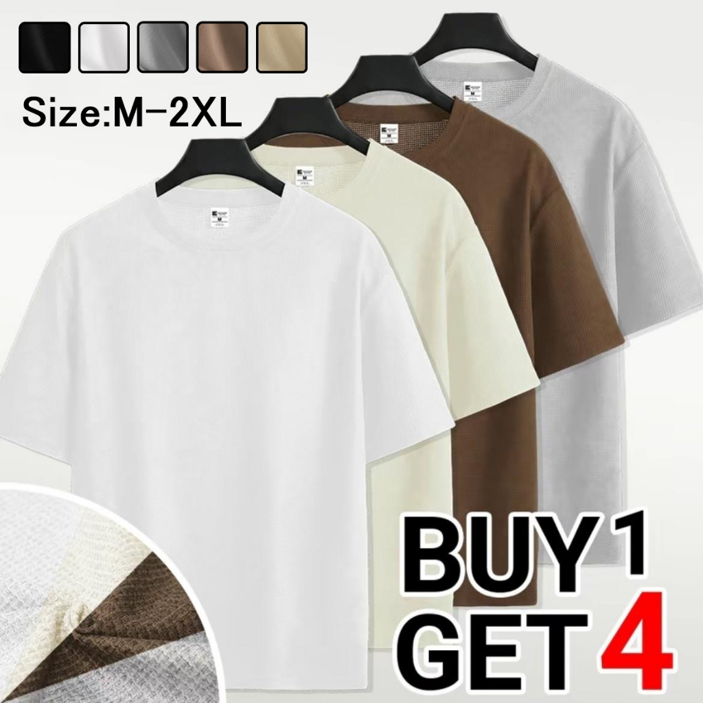 Total 4 pieces waffle unisex T-shirt round neck oversized men's solid color T-shirt tropical trend c - Image 4