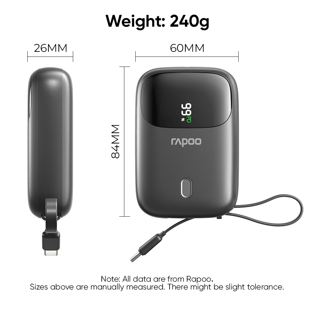 Rapoo RH10mPro/RH10ms Pro 10000mAh PD20W Light Ning and Type C Cable Powerbank with Cord QC3.0 22.5W - Image 8