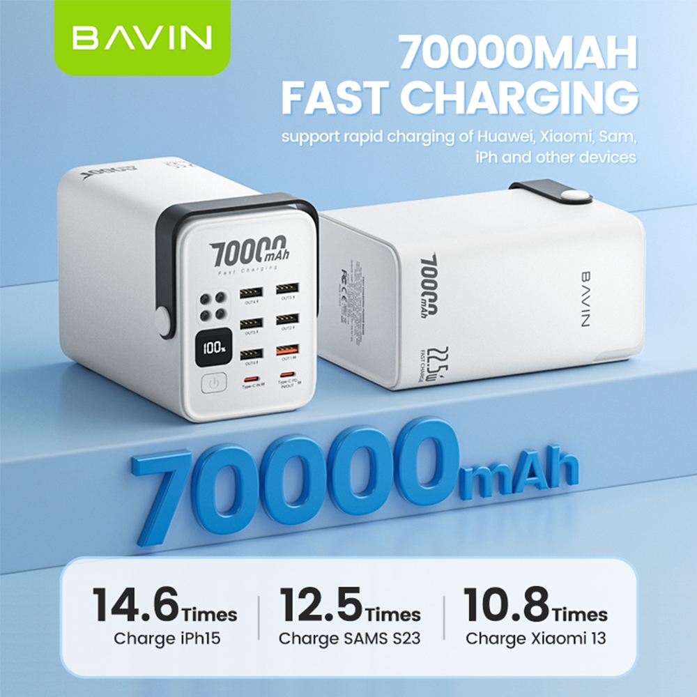 BAVIN PC1062 70000mAh Fast Charging Power Bank QC 3.0 22.5W + PD 20W w/ 6x USB & 2x Type-C Port - Image 3