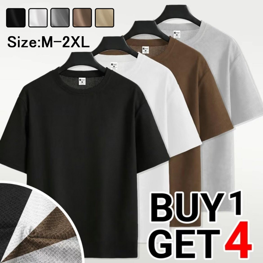 Total 4 pieces waffle unisex T-shirt round neck oversized men's solid color T-shirt tropical trend c - Image 2