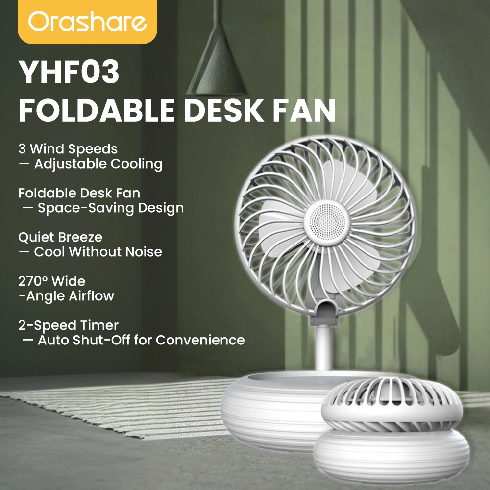 Orashare YFH03 Foldable Desk Fan USB Charge Fan 3-Speed Quiet Cooling with Timer (No battery)