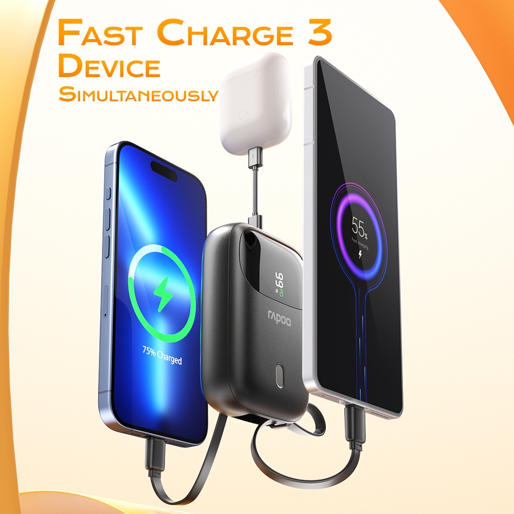 Rapoo RH10mPro/RH10ms Pro 10000mAh PD20W Light Ning and Type C Cable Powerbank with Cord QC3.0 22.5W - Image 6