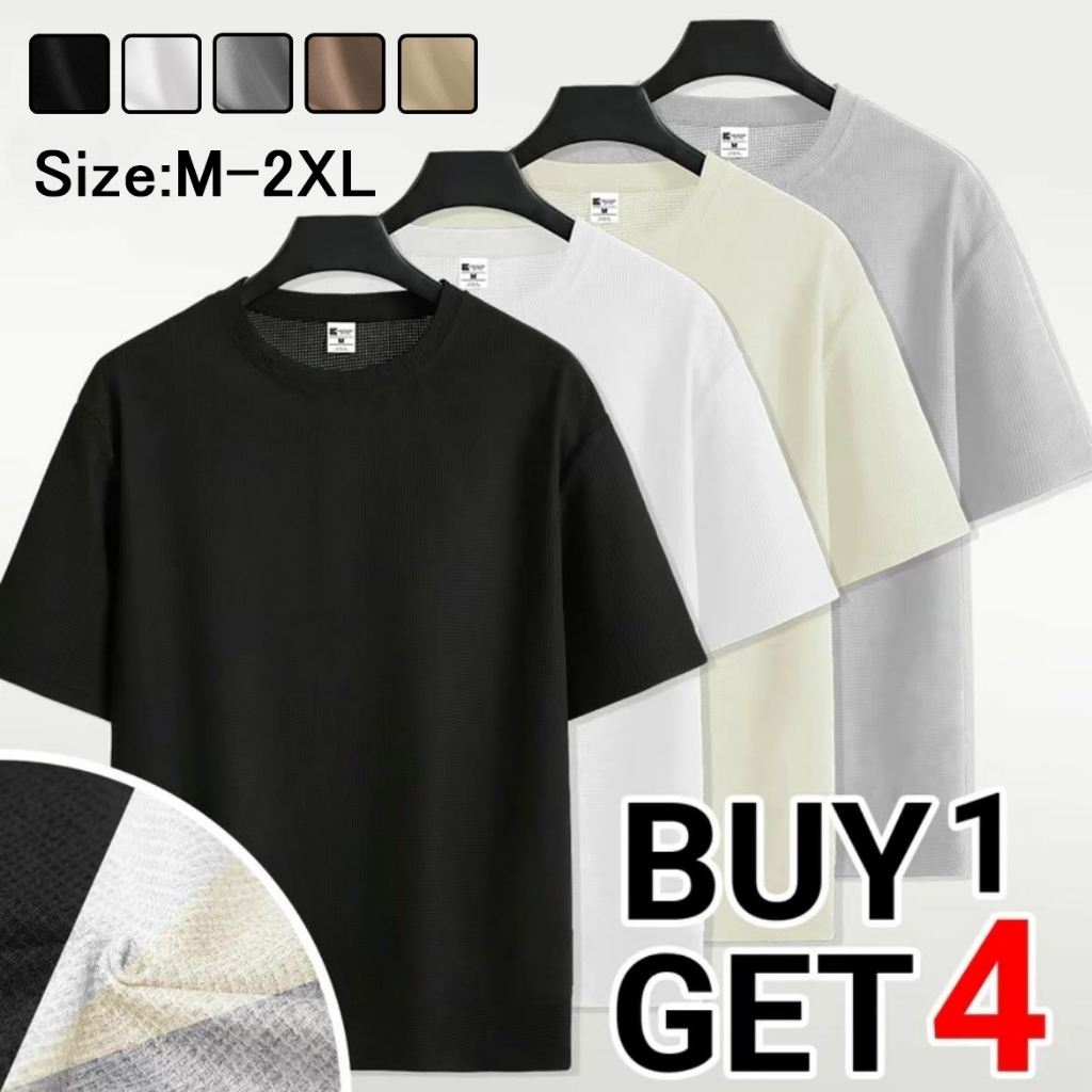 Total 4 pieces waffle unisex T-shirt round neck oversized men's solid color T-shirt tropical trend c - Image 3