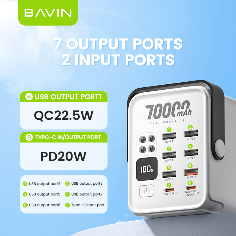 BAVIN PC1062 70000mAh Fast Charging Power Bank QC 3.0 22.5W + PD 20W w/ 6x USB & 2x Type-C Port - Image 4