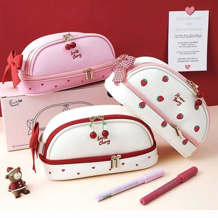 2 Layer Large Capacity PU Pencil Case Pink Cute Stationery Storage Bag/Cosmetics Storage for Girl