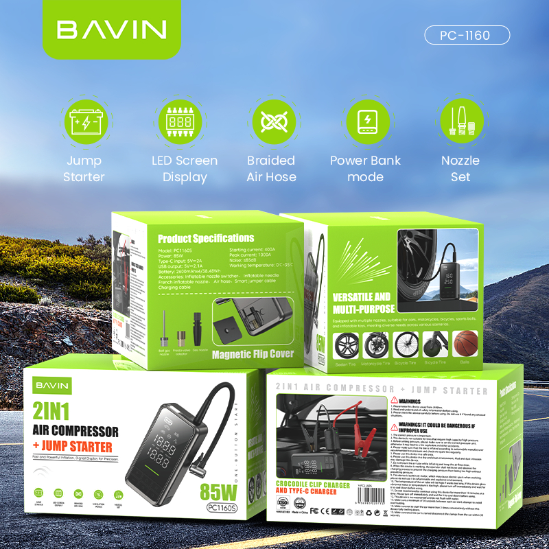 BAVIN PC1160 2-IN-1 Jump Starter & Air Compressor 10400mAh Portable Rechargeable Emergency Powerbank - Image 8