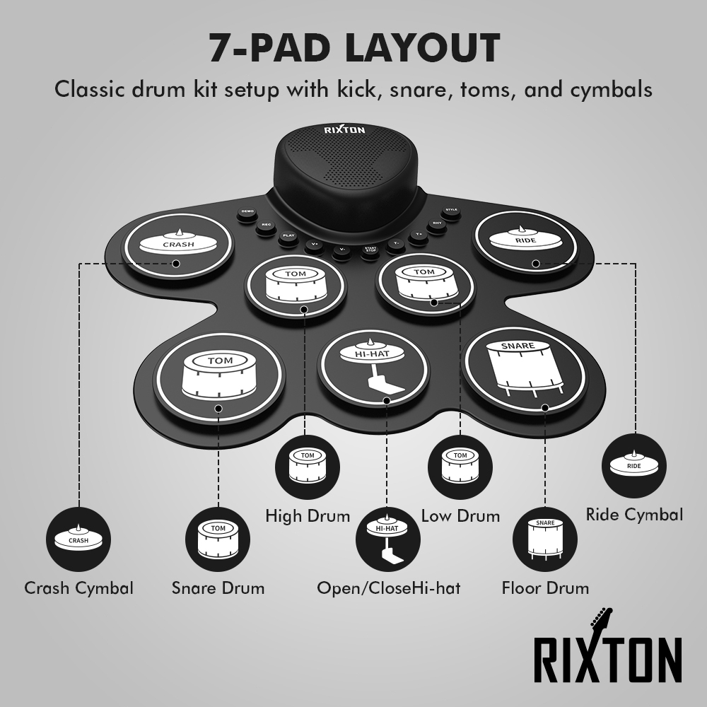 RIXTON Portable Electronic Drum Digital Roll-up Digital Drum Set Silicone Electric Drum Pad Kit - Image 3