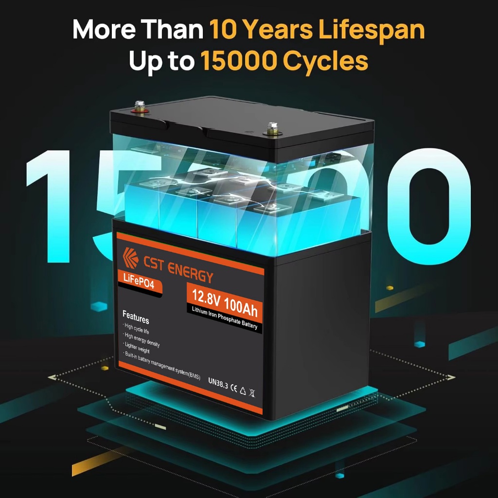 CST ENERGY 12v 100Ah Battery Lifepo4 Lithium Battery 10000+ Cycles Built-in BMS 5 Years Warranty - Image 3