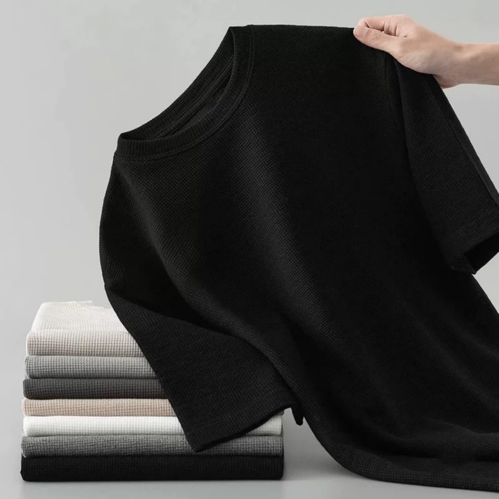 Total 4 pieces waffle unisex T-shirt round neck oversized men's solid color T-shirt tropical trend c - Image 6