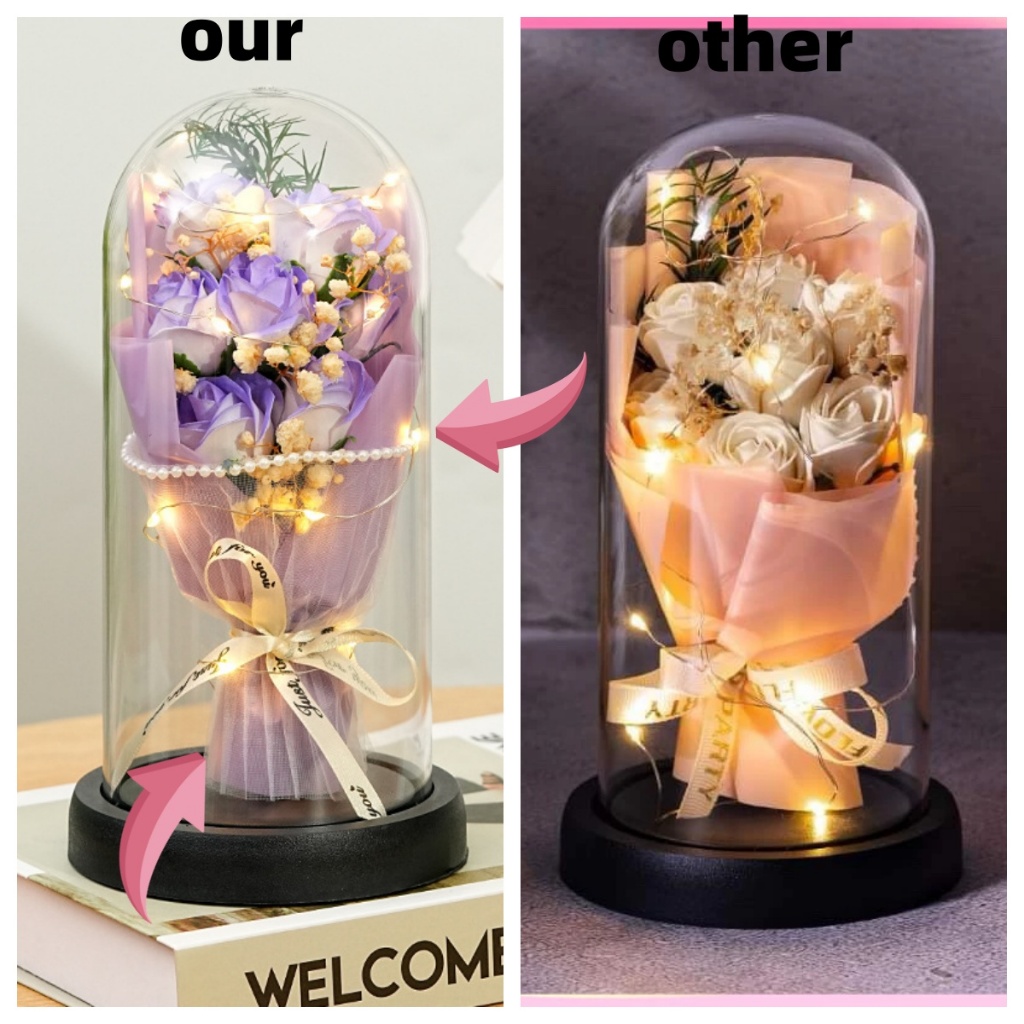 Artificial Rose Flower Glass Cover Dome Eternal Flower Bouquet LED Birthday Gift Valentine's Gift - Image 3